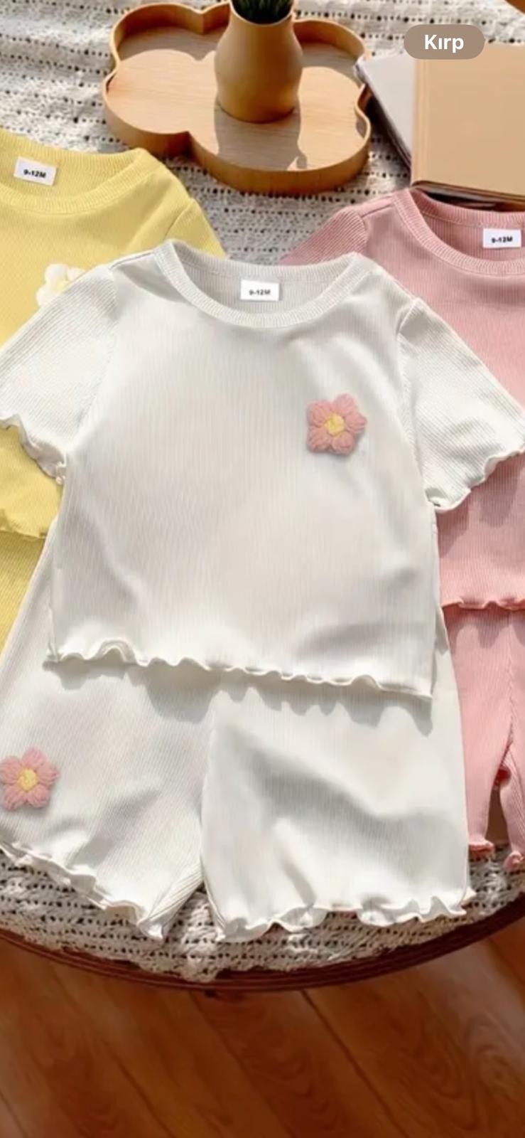 Kız Bebek Çocuk Çiçek Detaylı Pamuklu Kaşkorse Yazlık Takım - Krem