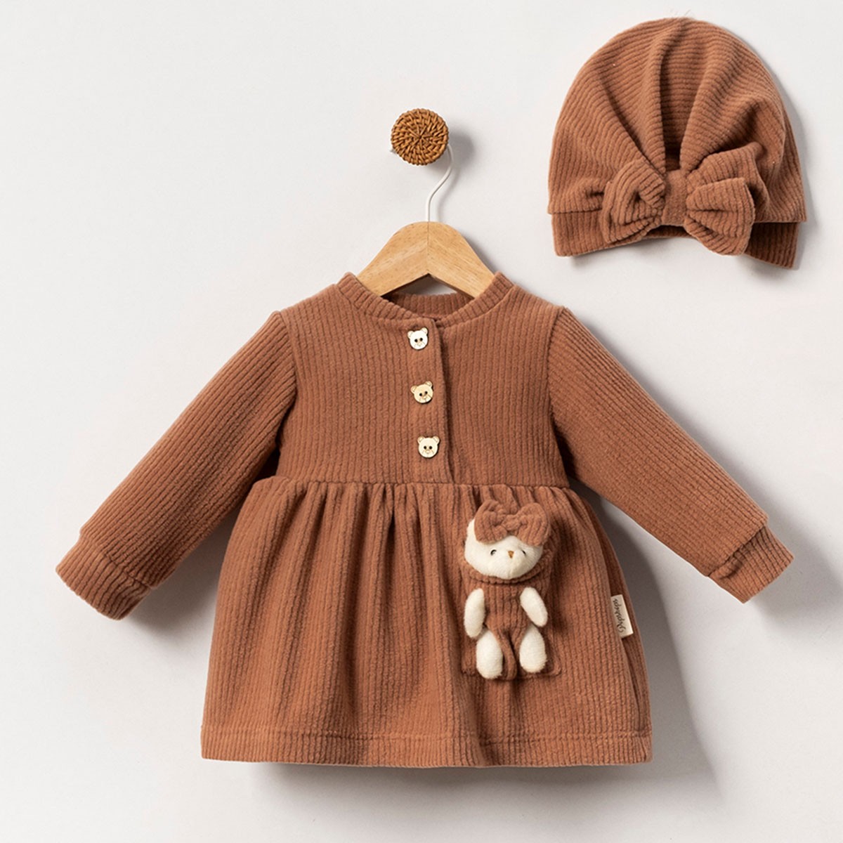 Kız Bebek Ayıcıklı Polar Elbise - Kahve