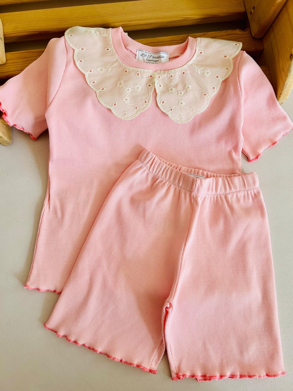  Kız Bebek Çocuk Dantel Yaka Pamuk Kumaş Yazlık Şort Tşhirt Takım - pudra pembe