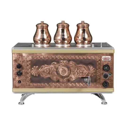 Ateşe Gold Compact Otomatik Gazlı Elektrikli Bakır 3 Demlikli Çay Kazanı, 34 Litre