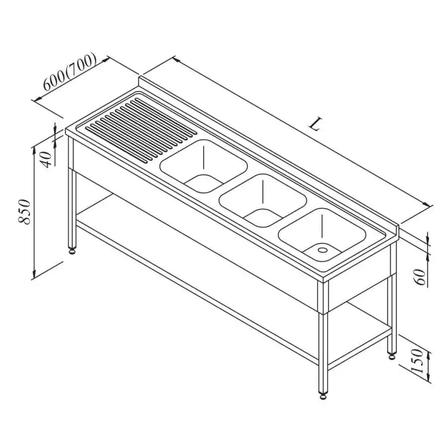 Öztiryakiler Evyeli Tezgah 3G / 1D Sol 3 Perdeli Taban Raflı 240x70 Cm