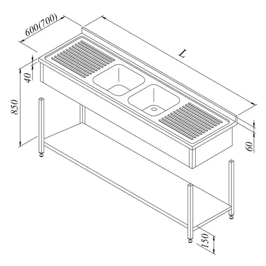 Öztiryakiler Evyeli Tezgah 2G / 2D 3 Perdeli Taban Raflı Demonte 180x60 Cm