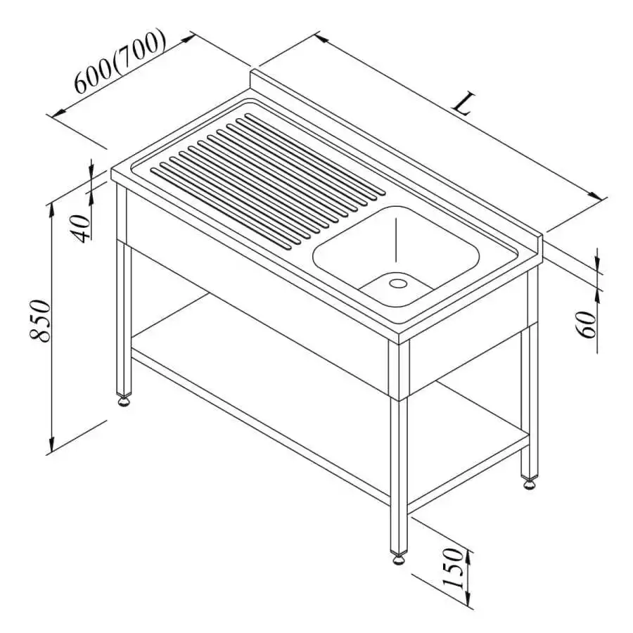 Öztiryakiler Evyeli Tezgah 1G/1D Sol 3 Perdeli Taban Raflı 140x70 Cm