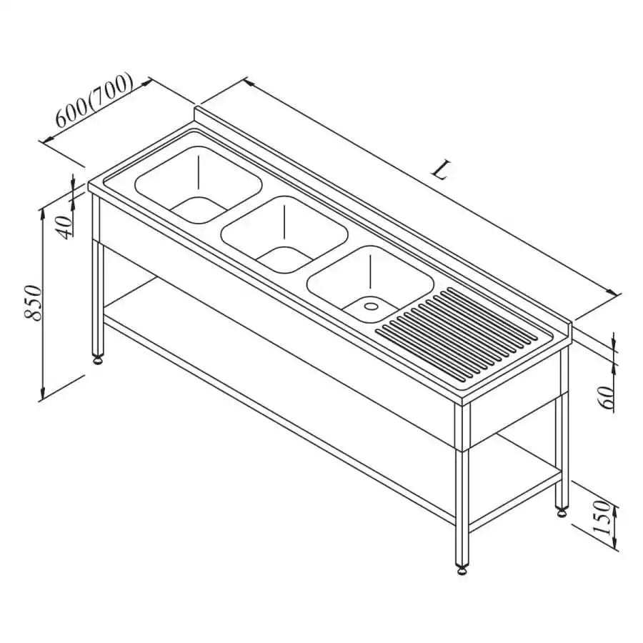 Öztiryakiler Evyeli Tezgah 3G / 1D Sağ 3 Perdeli Taban Raflı 240x60 Cm