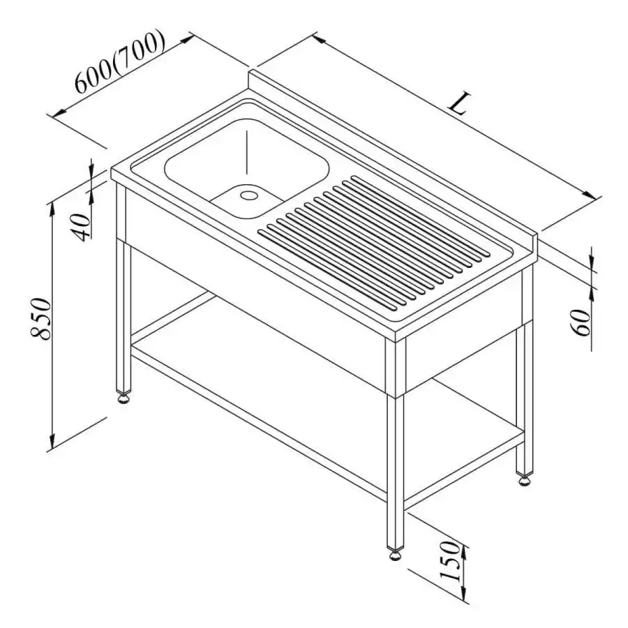 Öztiryakiler Evyeli Tezgah1G/1D Sağ 3 Perdeli Taban Raflı 140x70 Cm