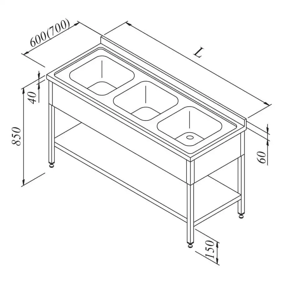 Öztiryakiler Evyeli Tezgah 3 Gözlü 3 Perdeli Taban Raflı 160x60 Cm