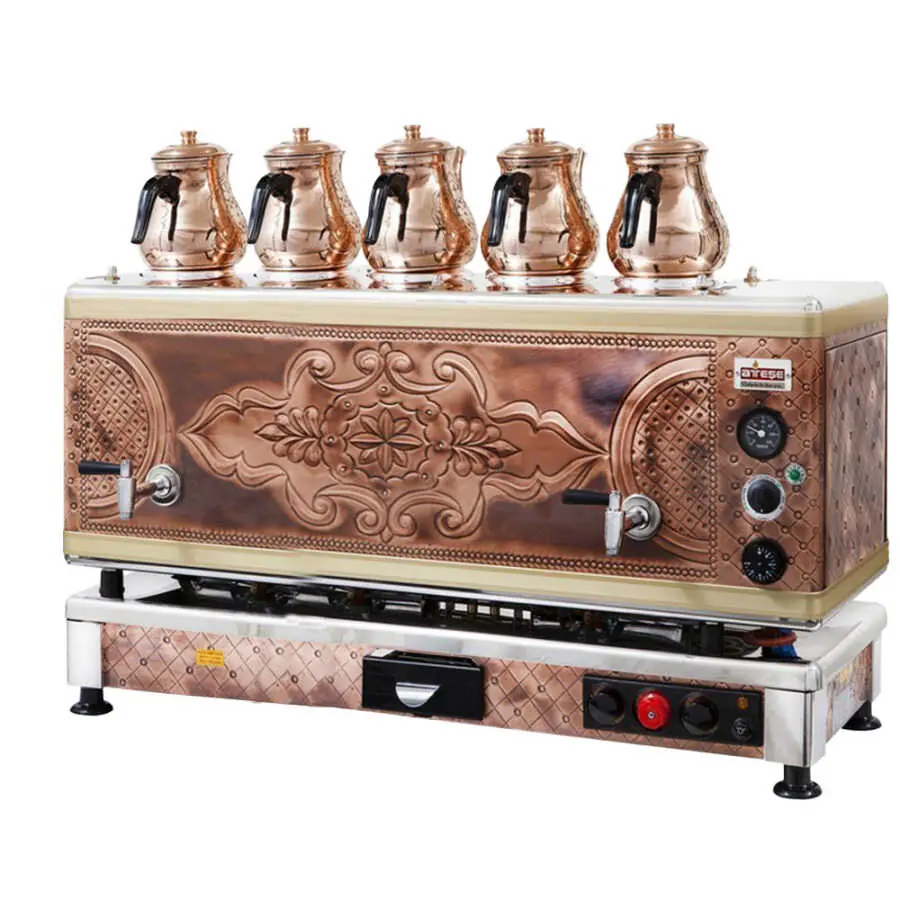 Ateşe Gold Otomatik Gazlı Elektrikli Bakır 5 Demlikli Çay Kazanı, 55 Litre