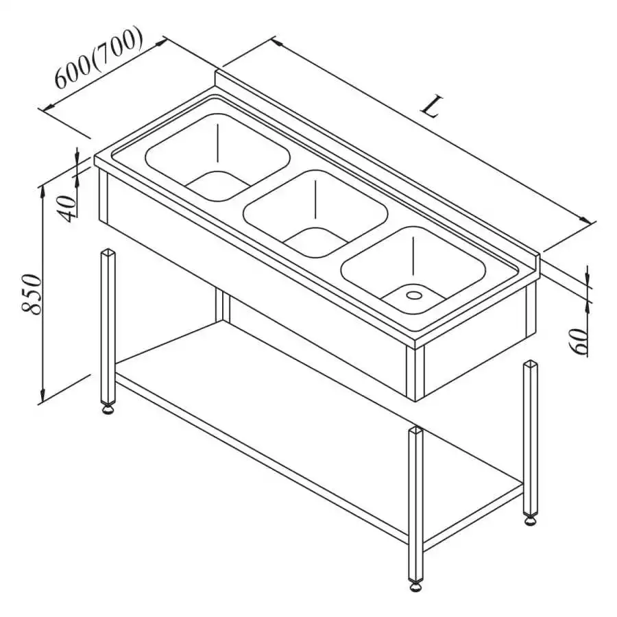Öztiryakiler Evyeli Tezgah 3 Gözlü 3 Perdeli Taban Raflı Demonte 190x70 Cm
