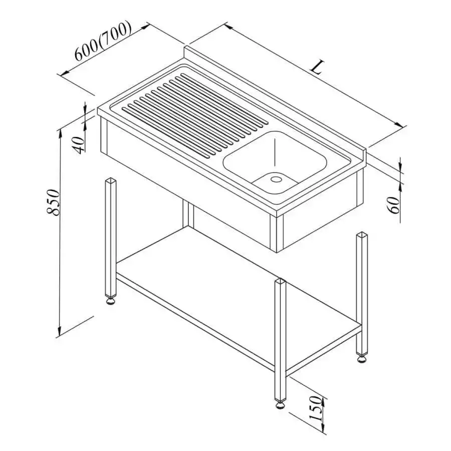 Öztiryakiler Evyeli Tezgah 1G/1D Sol 3 Perdeli Taban Raflı Demonte 140X60 Cm