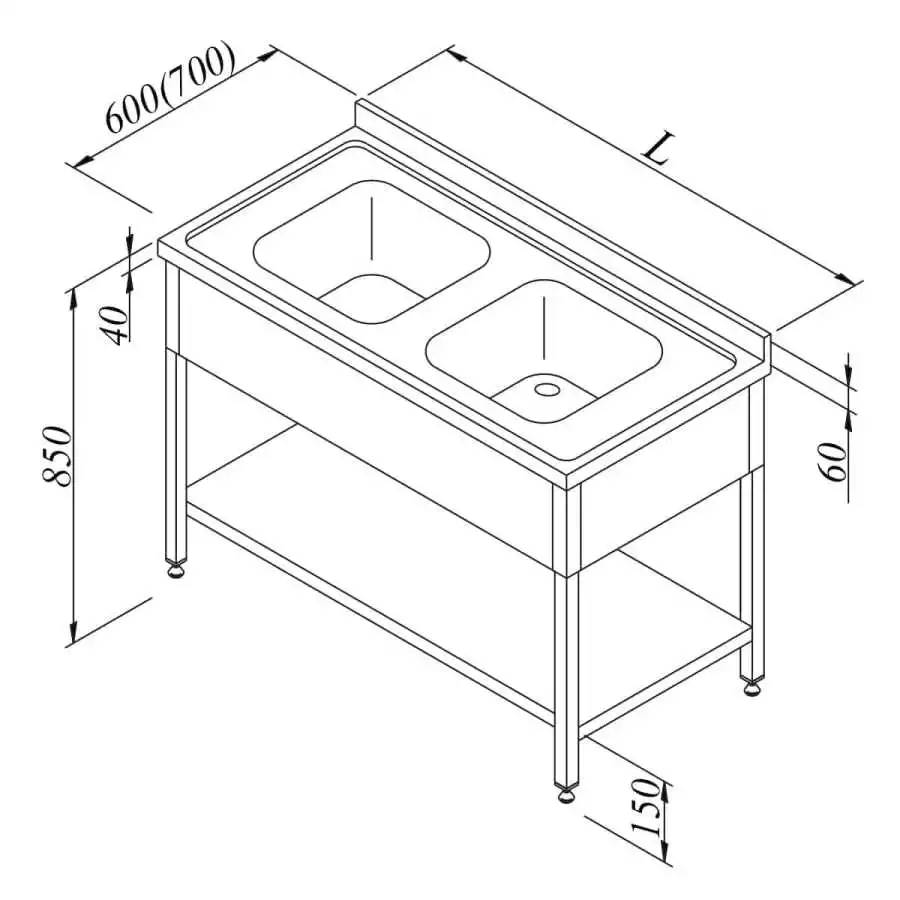 Öztiryakiler Evyeli Tezgah 2G 3 Perdeli Taban Raflı 140x70 Cm