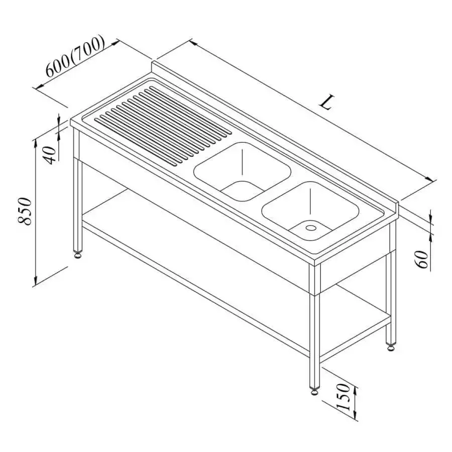 Öztiryakiler Evyeli Tezgah 2G/1D Sol 3 Perdeli Taban Raflı Demonte 160x70 Cm