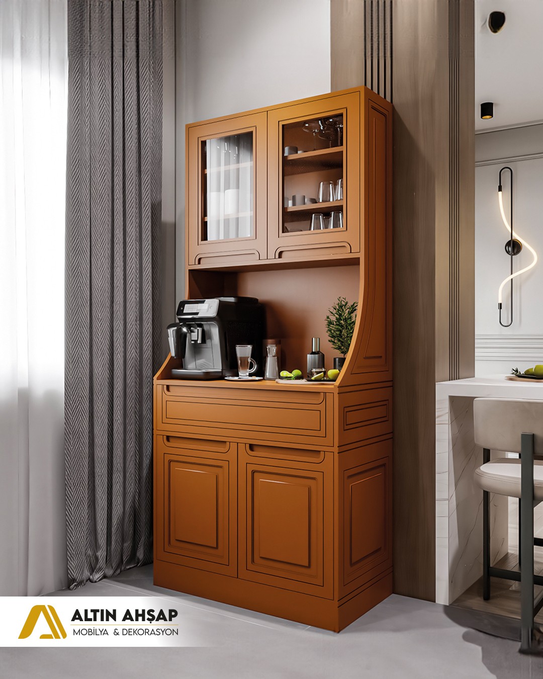 Kahve Köşesi Dolapları Klasik Kitabiye Model Mat Lake Boyalı Kiremit Renk-Ralkodu8003