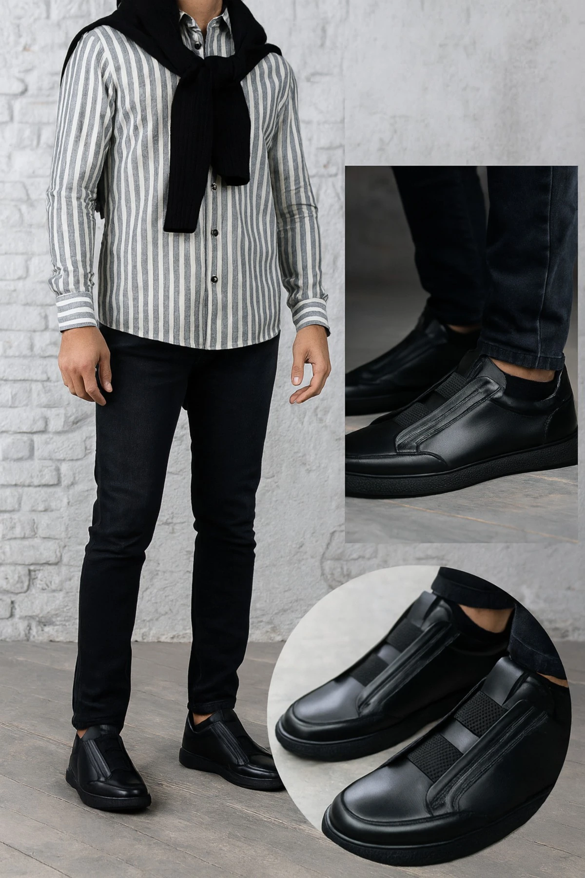 Erkek Siyah Klasik Hakiki Deri Ayakkabı Rahat Tabanlı Günlük Ofis Sneaker Bağcıksız Ortopedik Kaymaz Okul Casual