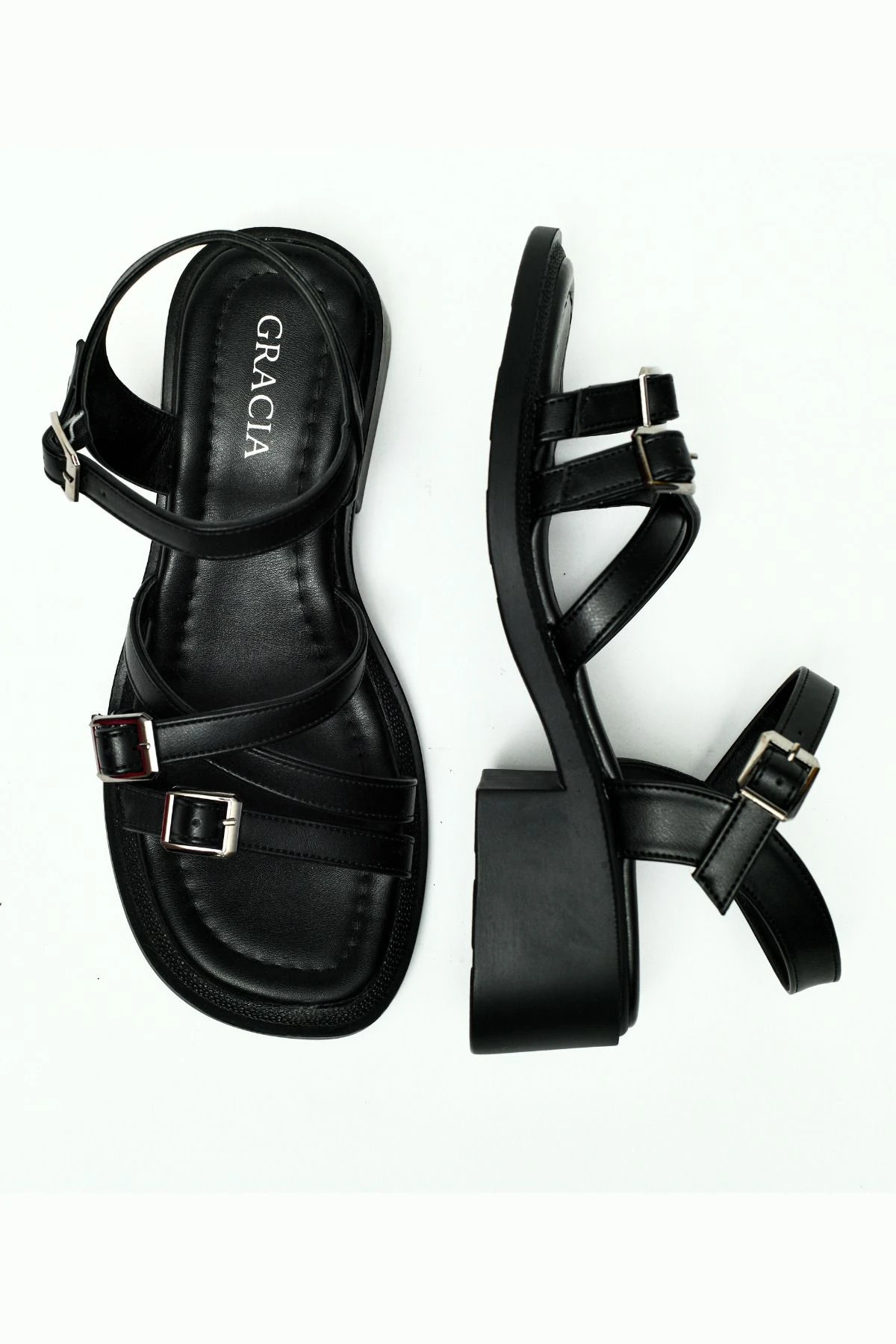 Kadın Yazlık Tokalı Sandalet düz Tabanlı Günlük Plaj Ofis Rahat Şık farklı renk ve model Ortepedik - siyah 3 tokalı