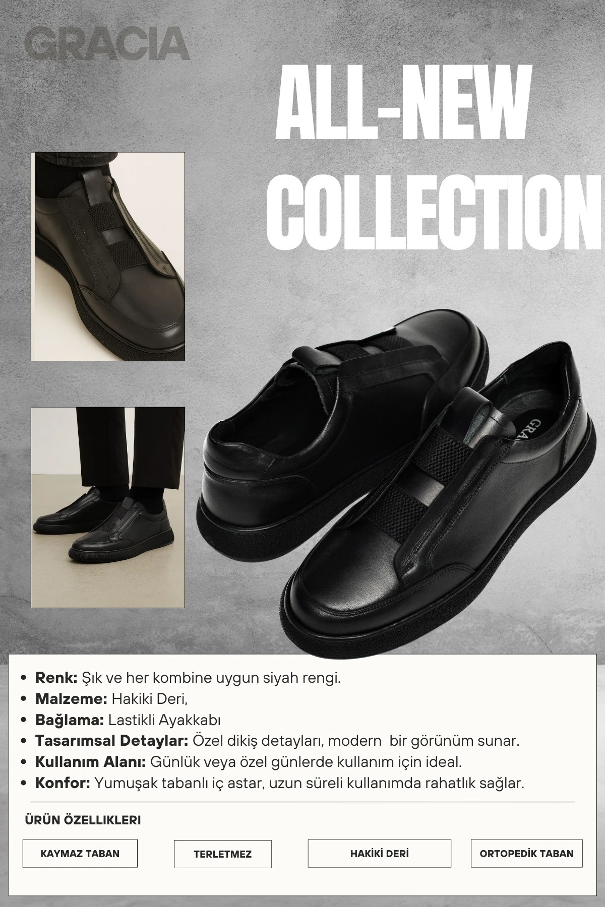 Erkek Siyah Klasik Hakiki Deri Ayakkabı Rahat Tabanlı Günlük Ofis Sneaker Bağcıksız Ortopedik Kaymaz Okul Casual