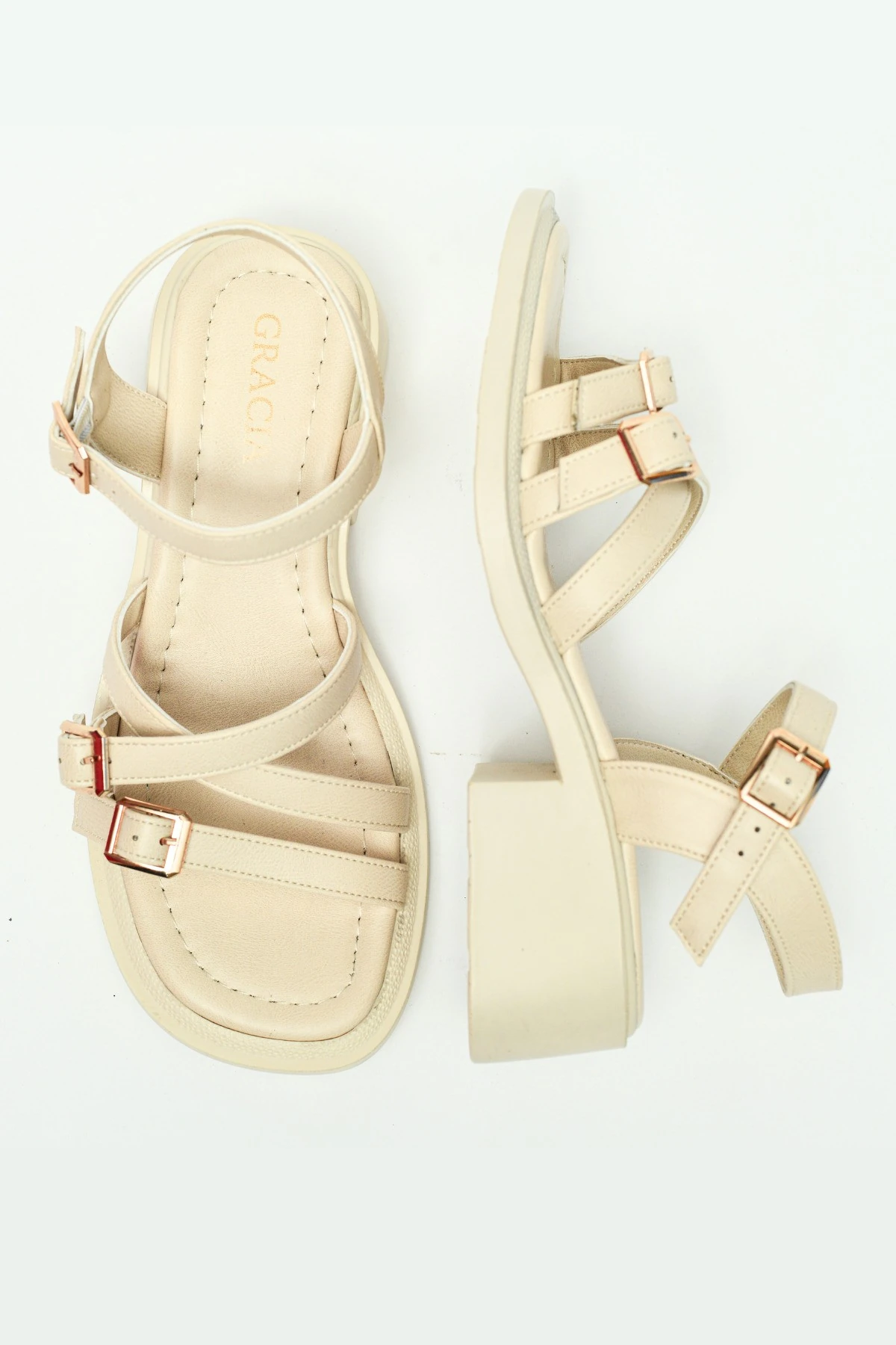 Kadın Yazlık Tokalı Sandalet düz Tabanlı Günlük Plaj Ofis Rahat Şık farklı renk ve model Ortepedik - bej 3 tokalı