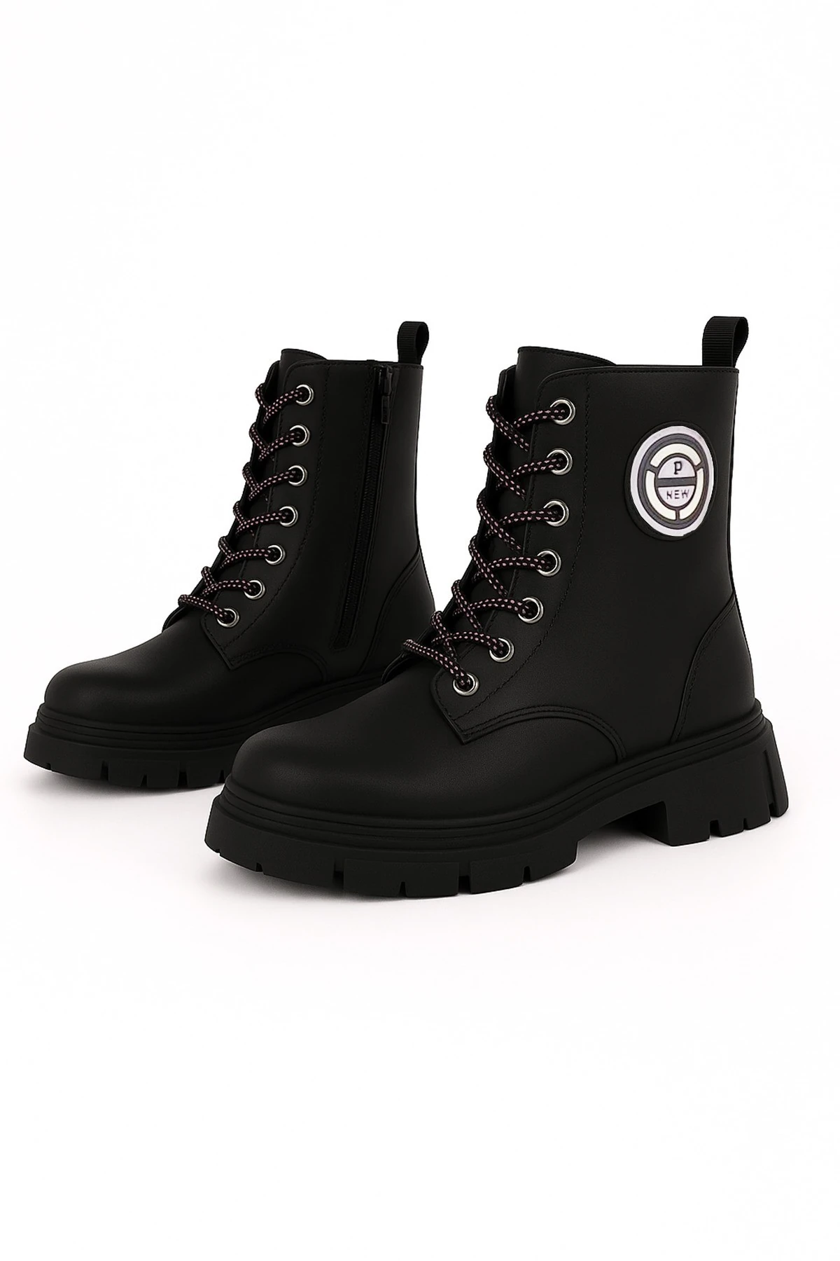 Kadın Genç Kız Kışlık Renkli Tabanlı Suni Deri Termo Kaymaz Bot Okul Bağcıklı Fermuarlı Ayakkabı - siyah