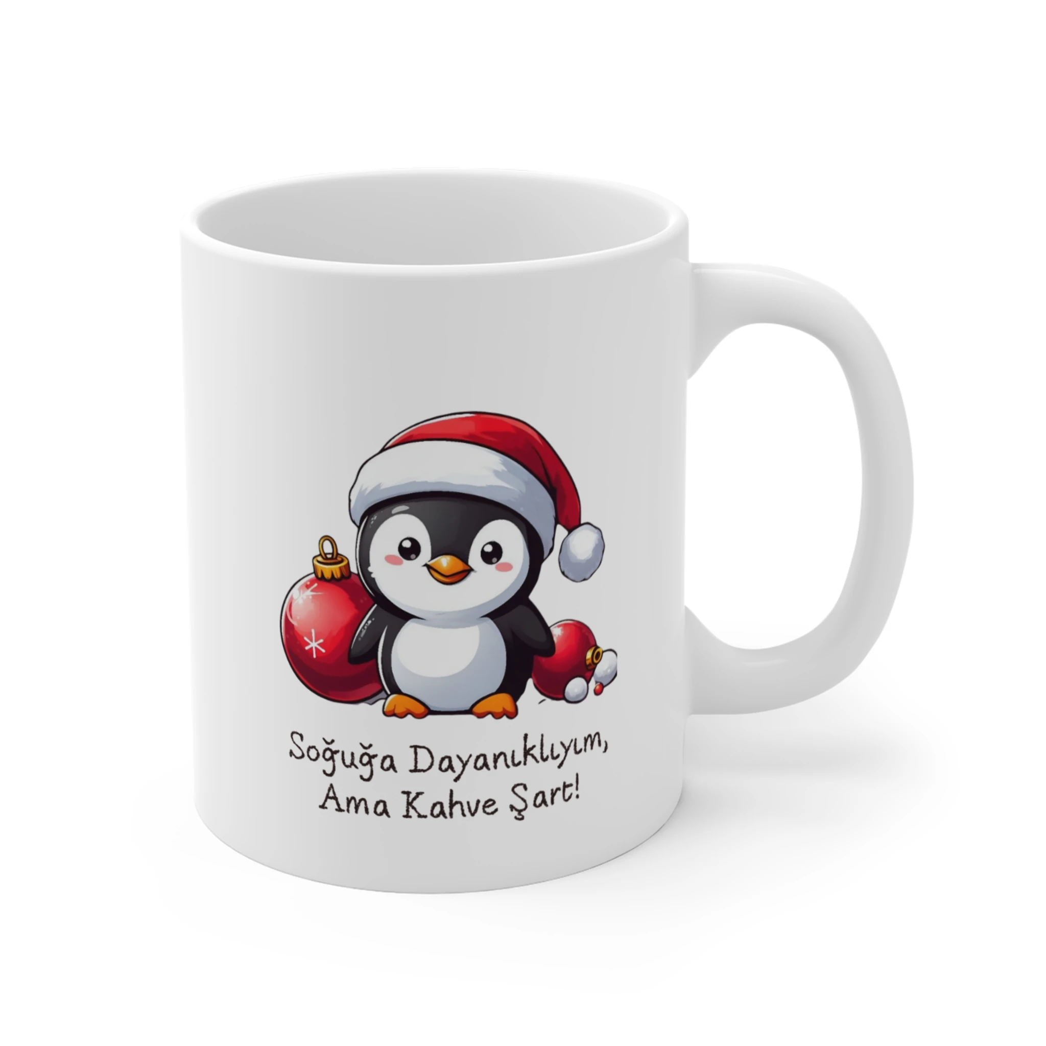 Sevimli Penguenli Yılbaşı Kupası | Soğuğa Dayanıklıyım Ama Kahve Şart Yazılı Kupa Bardak | Seramik Yeni Yıl Hediyesi