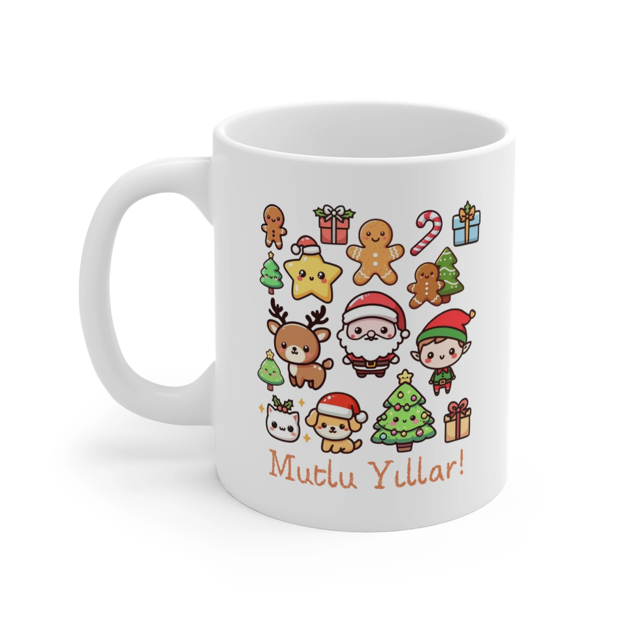 Sevimli Yılbaşı Karakterleri Kupa Bardak - Noel Baba, Geyik, Elf Desenli "Mutlu Yıllar!" Çocuk ve Genç Hediyesi