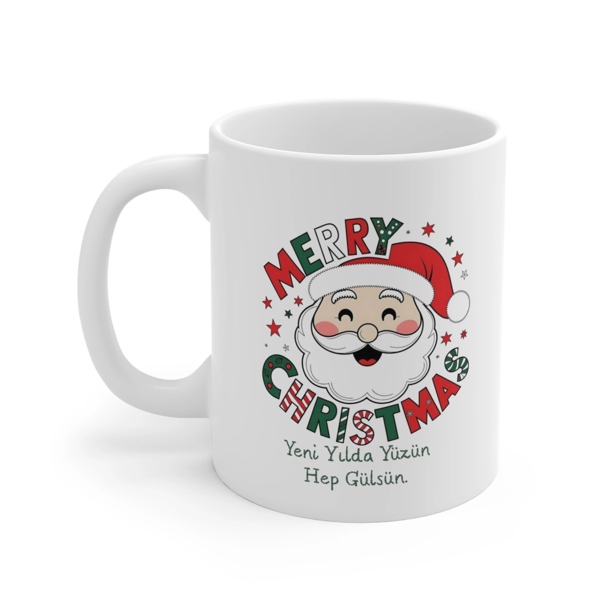 Neşeli Noel Baba Kupası | "Yeni Yılda Yüzün Hep Gülsün" Yazılı Merry Christmas Kupa Bardak | Gülen Yüz Hediyesi