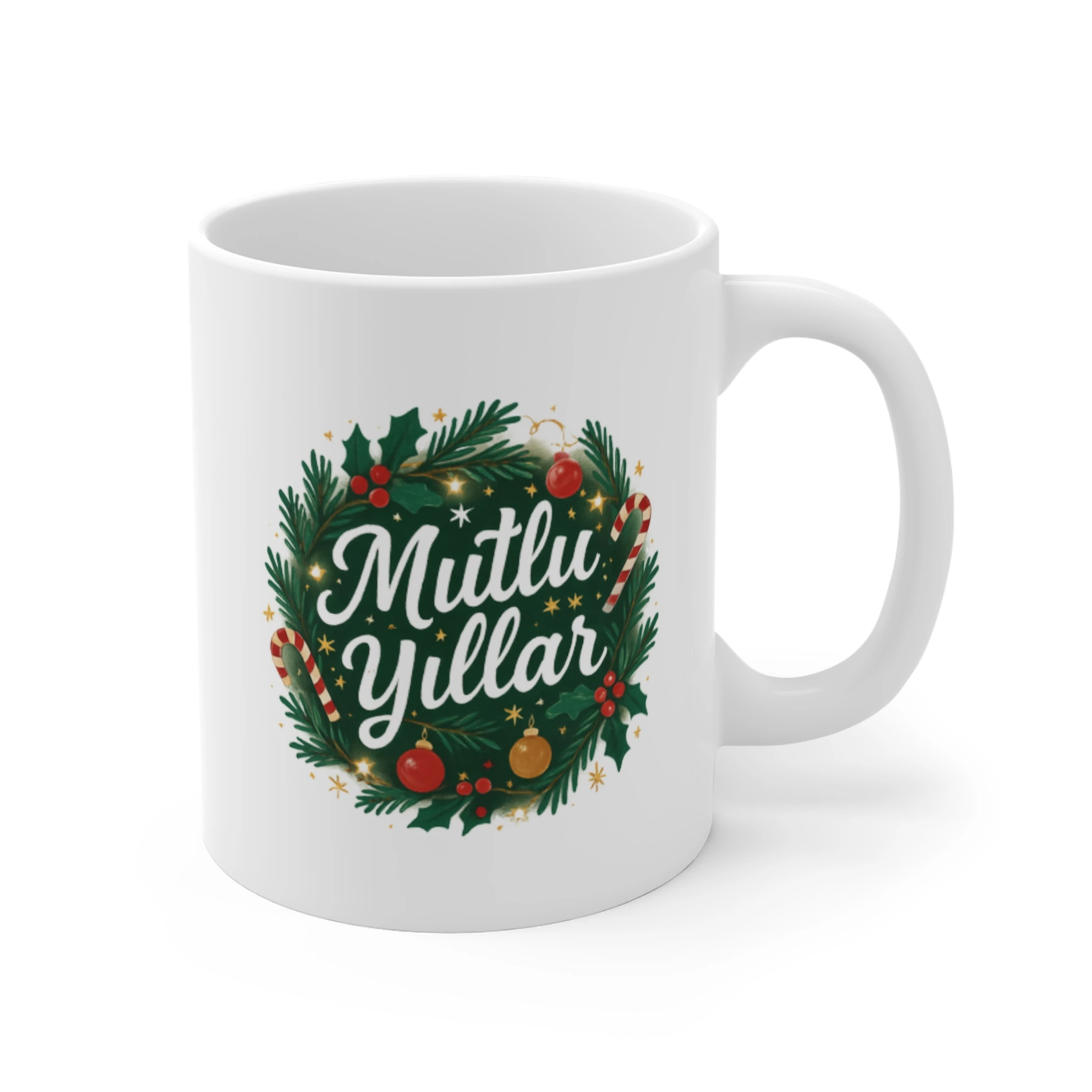 Işıltılı Çelenk Mutlu Yıllar Kupası | Şeker Kamışlı Yeni Yıl Konseptli Seramik Mug | Yılbaşı Hediyesi