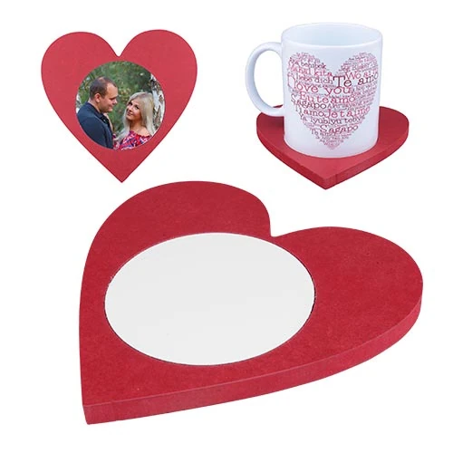 Sevgililer Günü Hediyesi Kalp Şeklinde Ahşap Bardak Altlığı (Metal Baskı Yüzeyli)