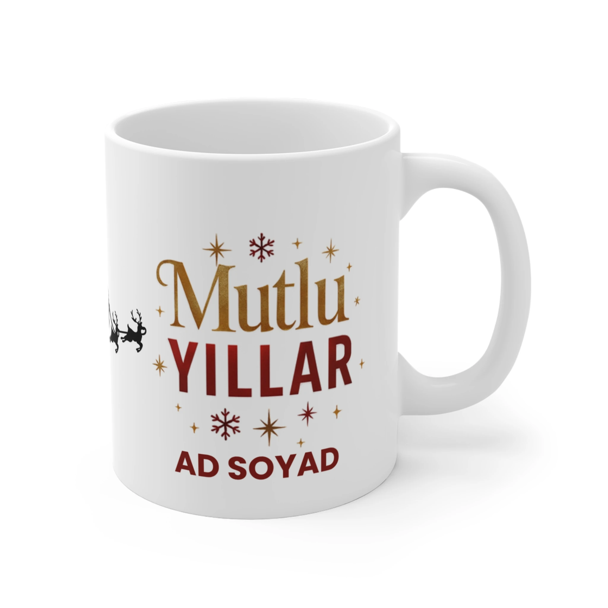 Kişiye Özel Mutlu Yıllar Kupası | İsimli Yeni Yıl Hediyesi Seramik Mug | Noel Baba ve Geyikler