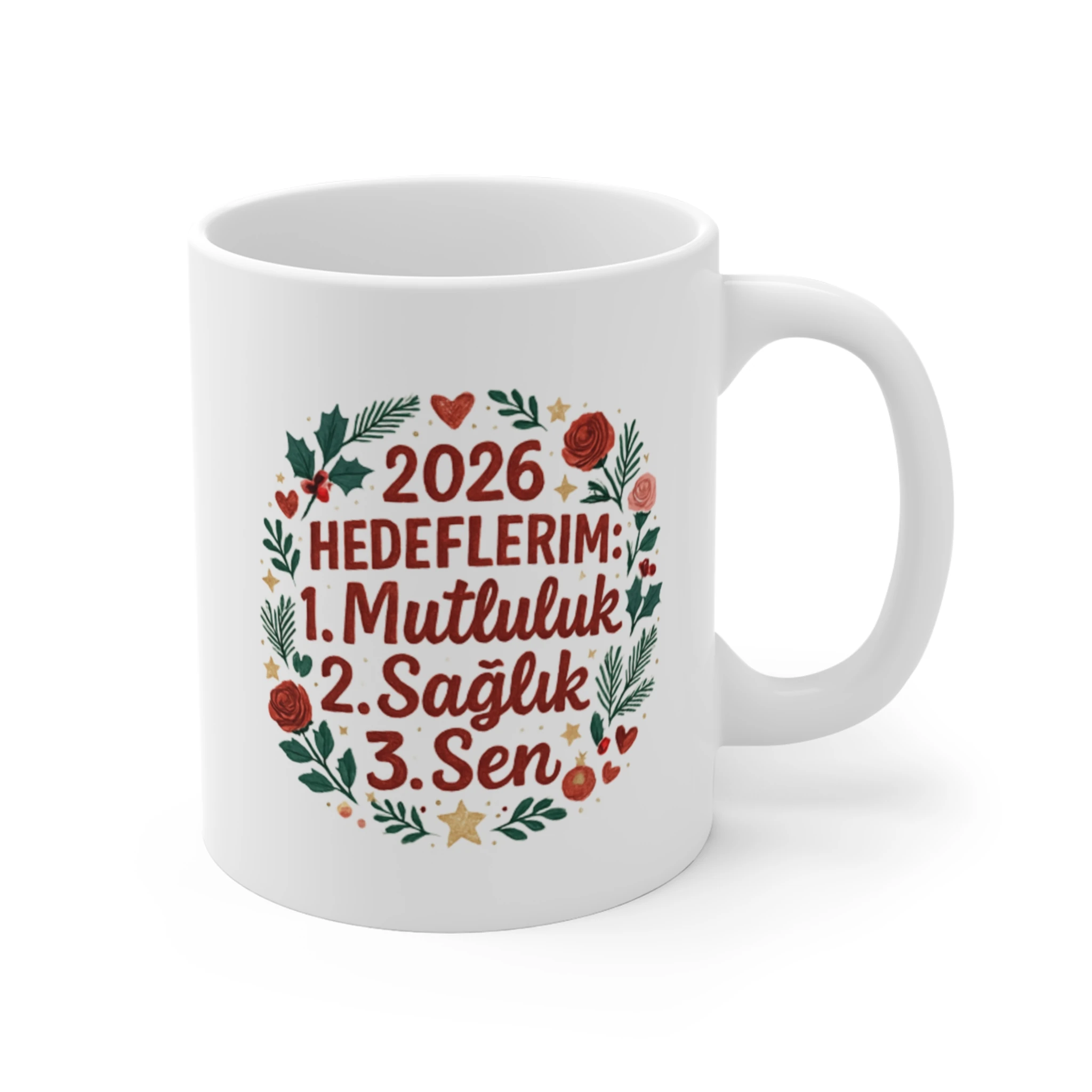 Gül Çelenkli 2026 Hedeflerim Senli Kupa | Yeni Yıl Sevgiliye Hediye Kişiye Özel Seramik Kupa Bardak