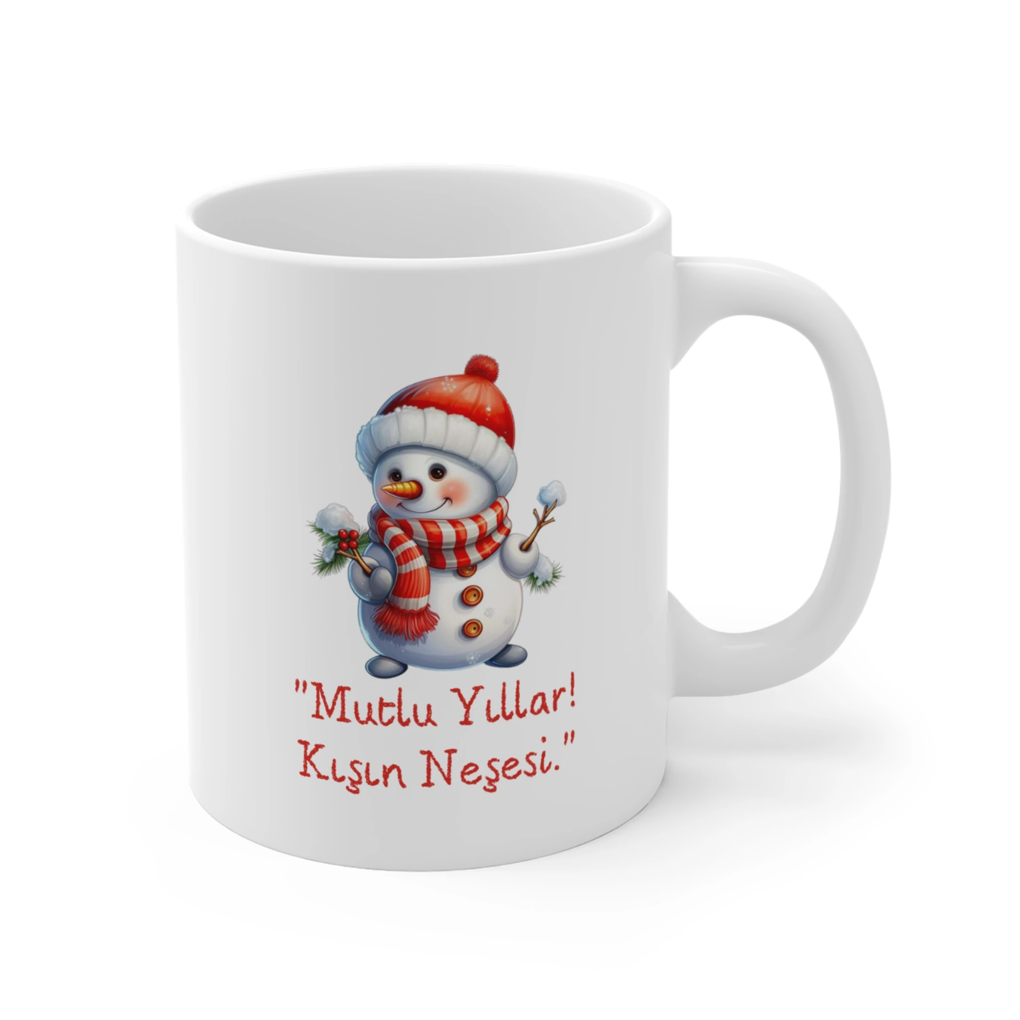 Şirin Kırmızı Şapkalı Kar Adamı Kupa Bardak: "Mutlu Yıllar! Kışın Neşesi." Temalı Yılbaşı Hediyesi