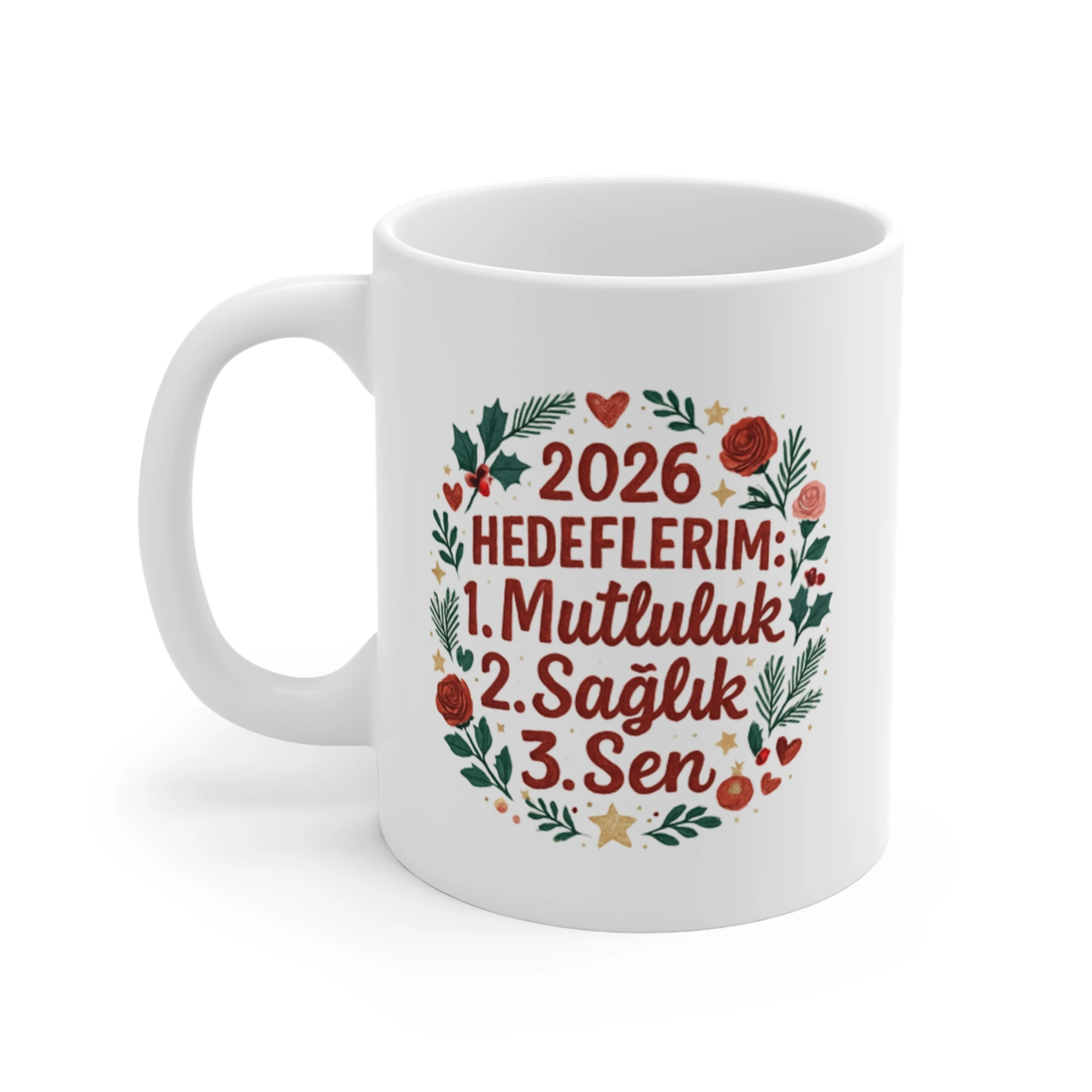 Gül Çelenkli 2026 Hedeflerim Senli Kupa | Yeni Yıl Sevgiliye Hediye Kişiye Özel Seramik Kupa Bardak