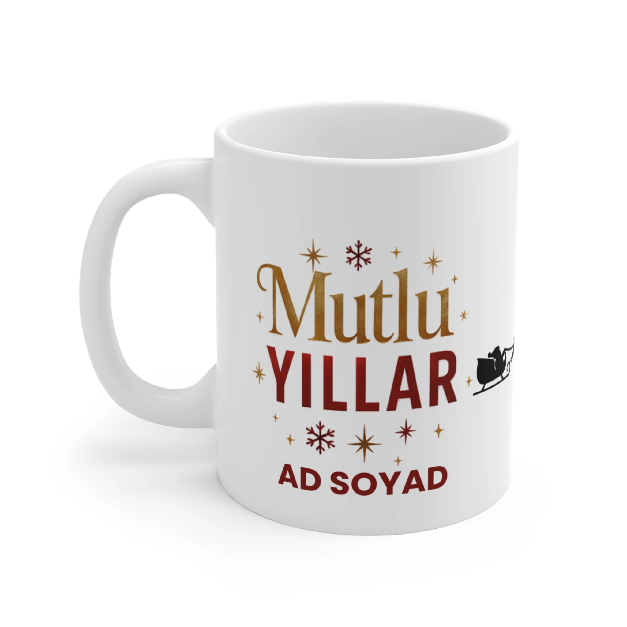 Kişiye Özel Mutlu Yıllar Kupası | İsimli Yeni Yıl Hediyesi Seramik Mug | Noel Baba ve Geyikler