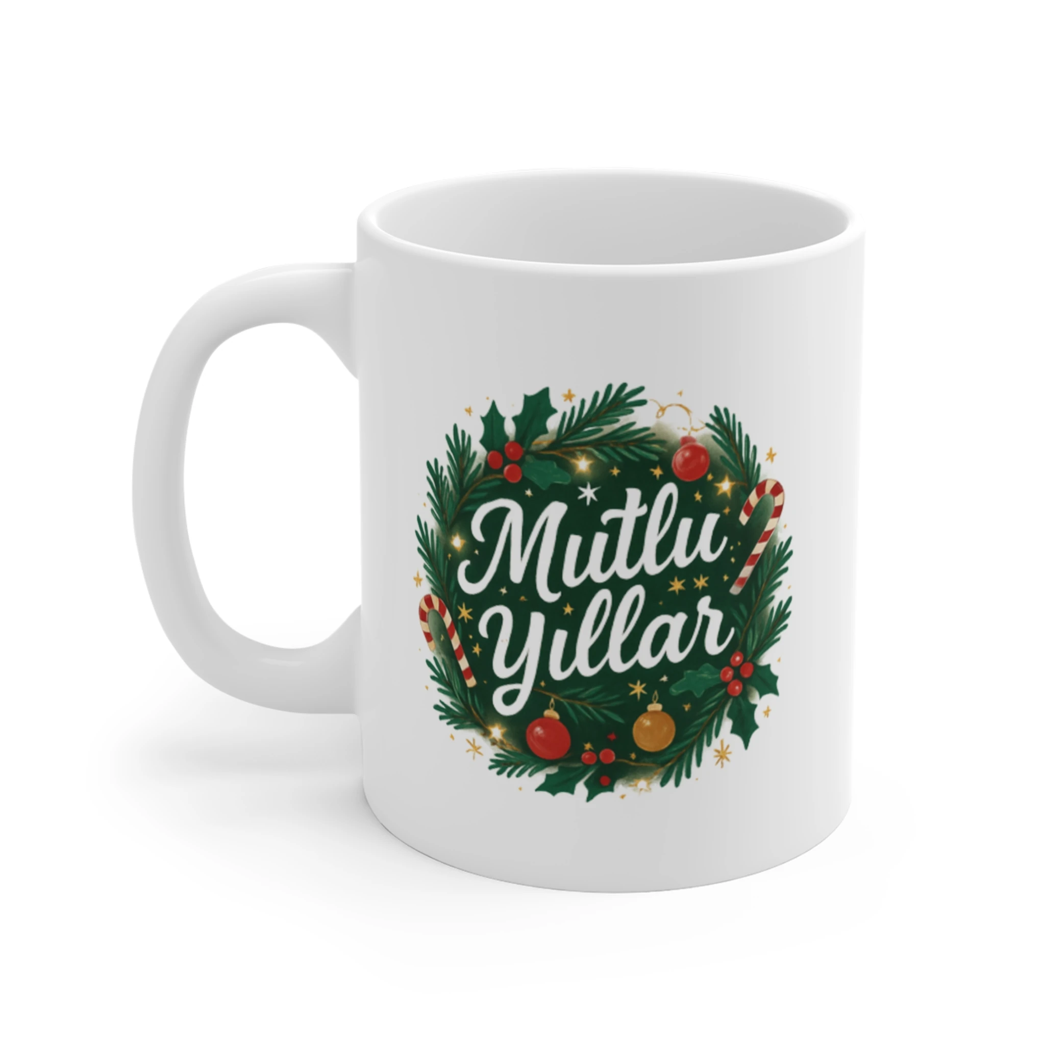 Işıltılı Çelenk Mutlu Yıllar Kupası | Şeker Kamışlı Yeni Yıl Konseptli Seramik Mug | Yılbaşı Hediyesi
