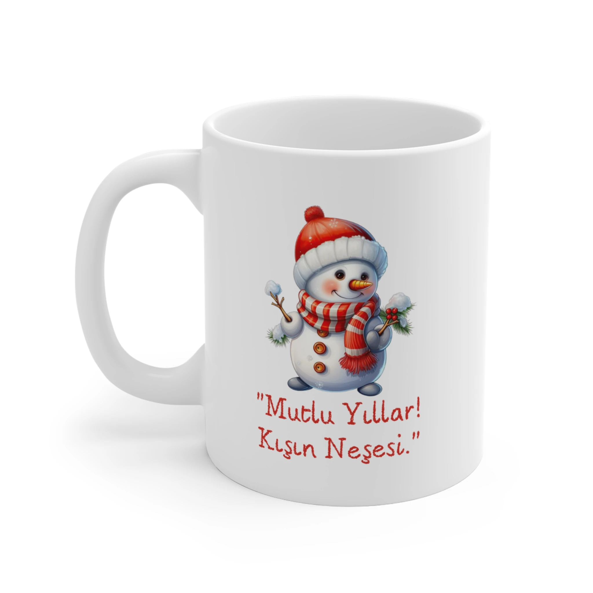 Şirin Kırmızı Şapkalı Kar Adamı Kupa Bardak: "Mutlu Yıllar! Kışın Neşesi." Temalı Yılbaşı Hediyesi