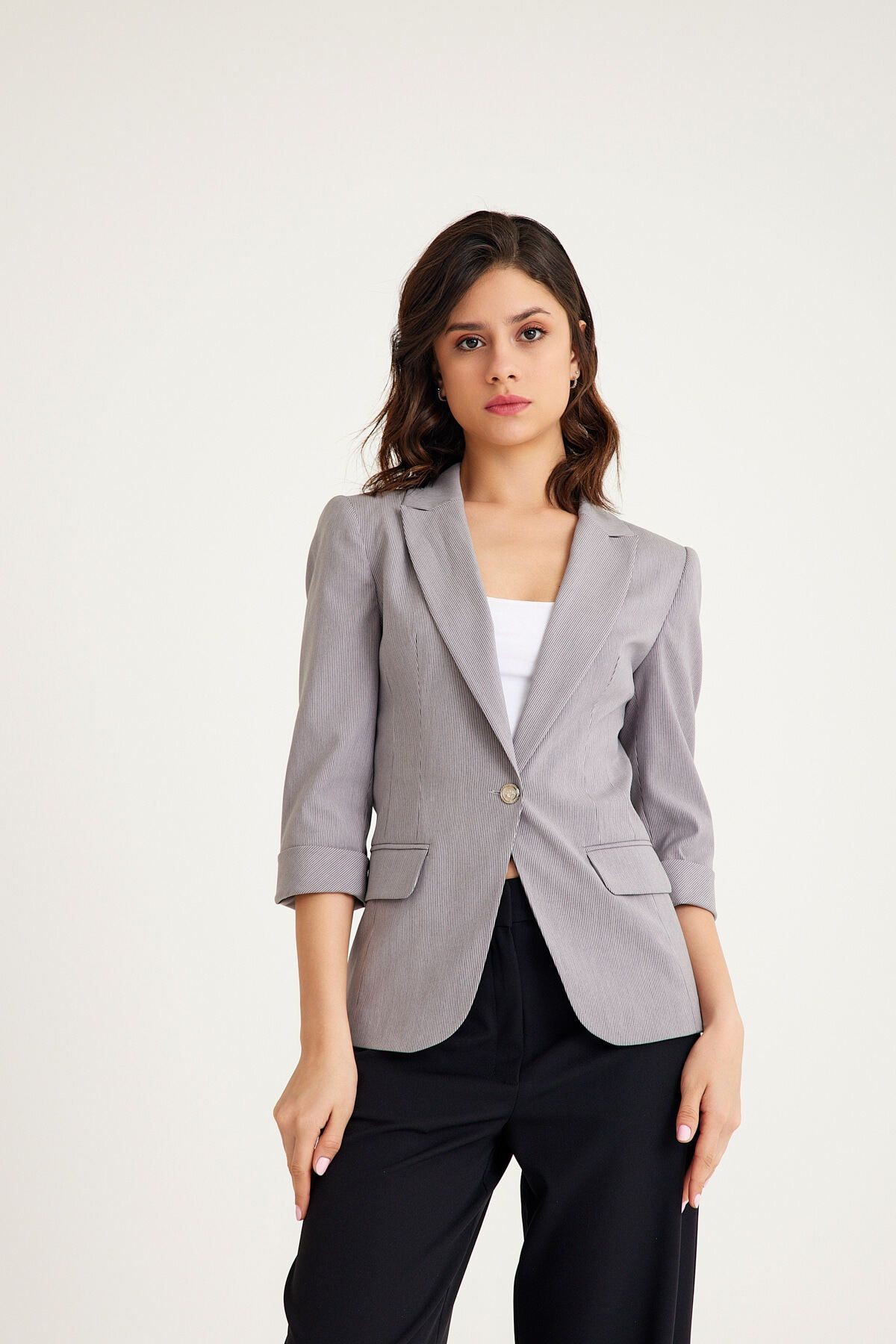 Kadın Blazer Kısa ince Çizgili Ceket