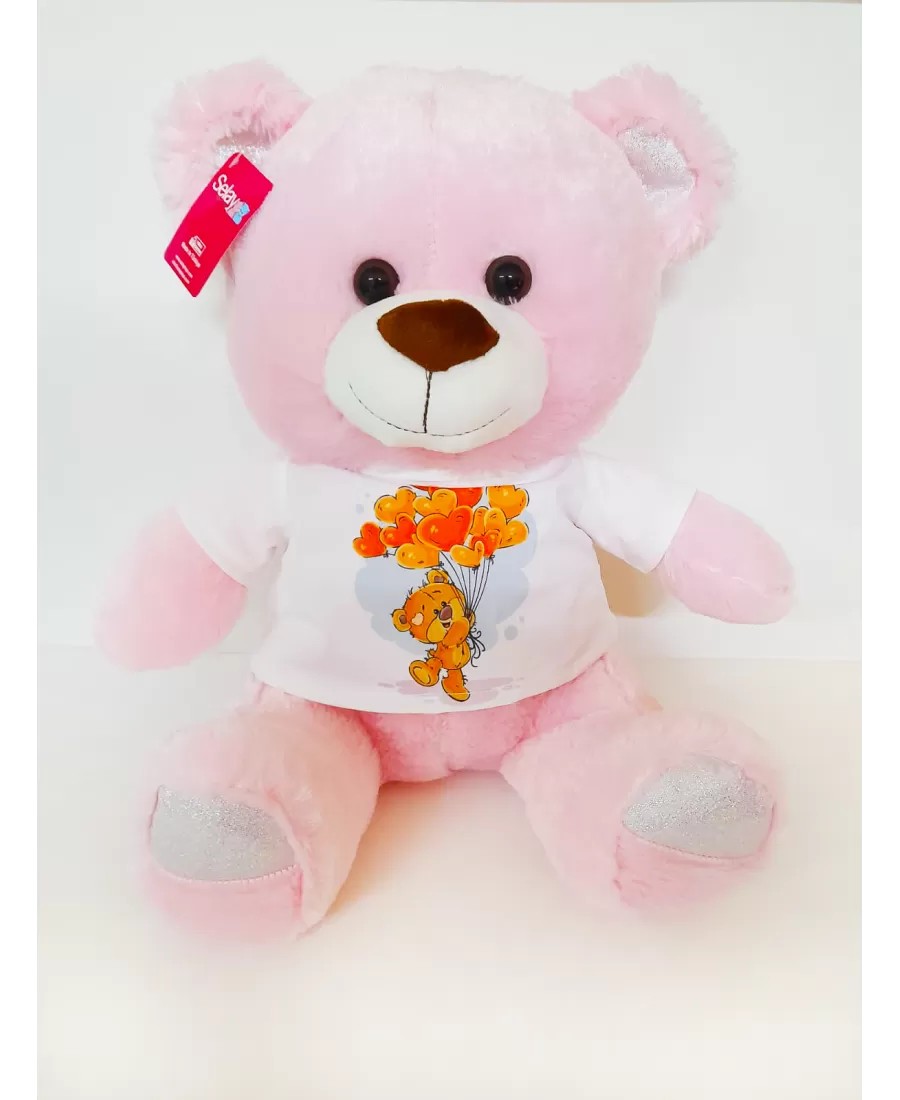 Baskılı T-Shırtlü Peluş Ayı Pembe 40 cm
