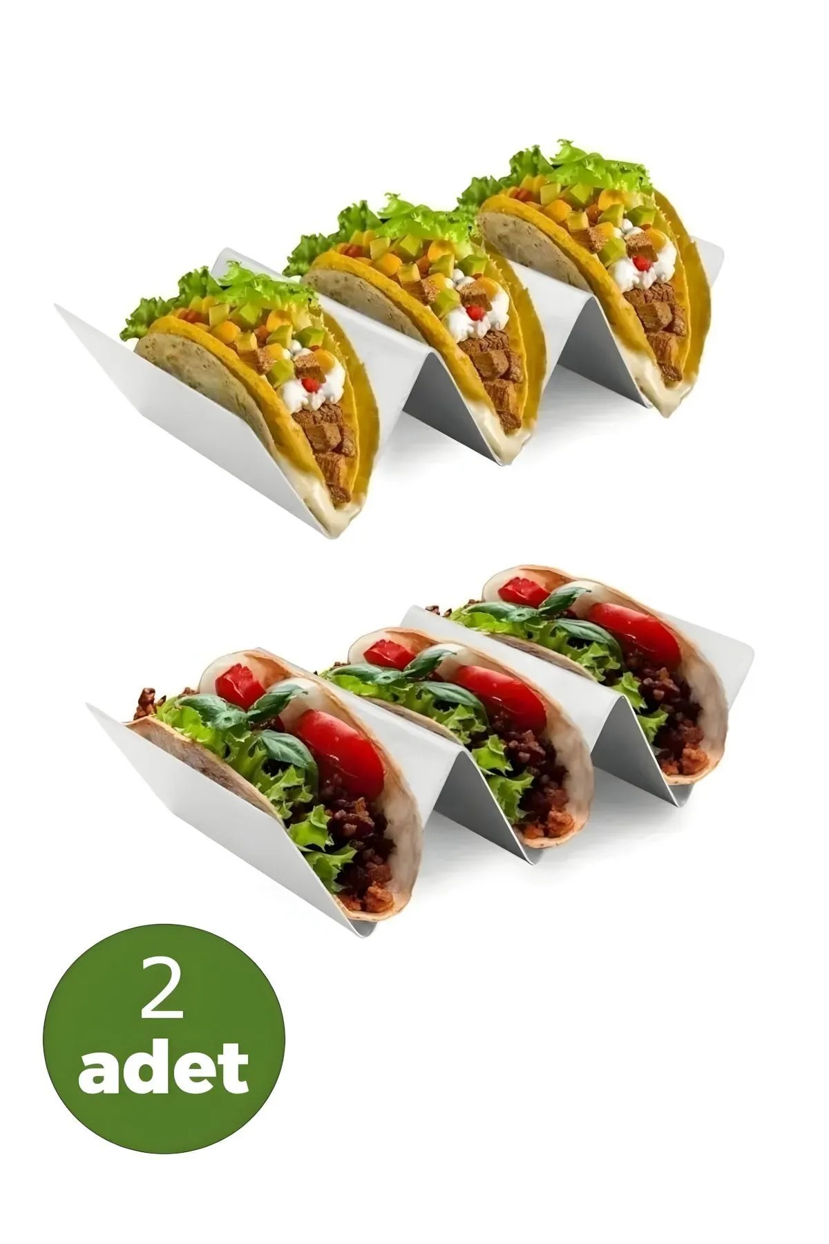 2 Adet 3 Bölmeli Taco Standı, Çelik Hamburger Waffle Ekmek Sandviç Tost Taco Servis Sunum Standı