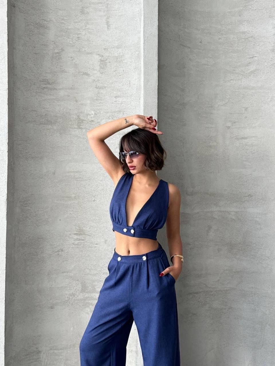 Crop pantolon keten takım s255012