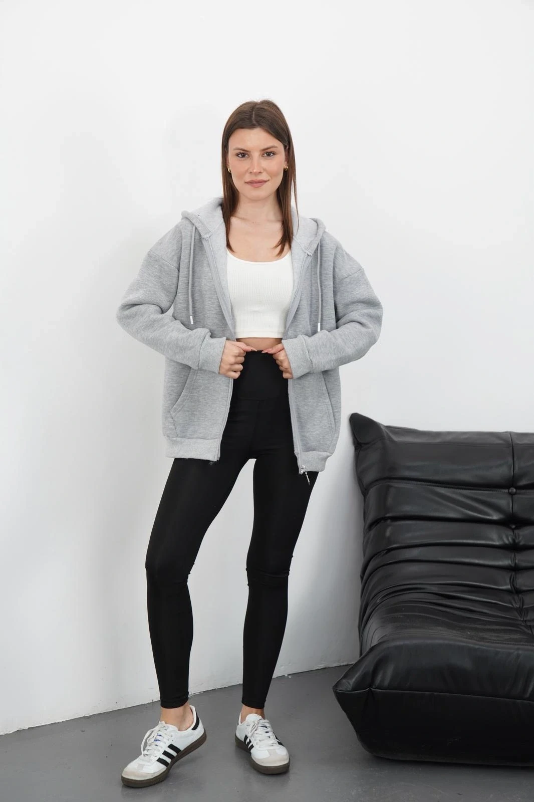 3 iplik şardonlu fermuarlı kapşonlu hırka gri