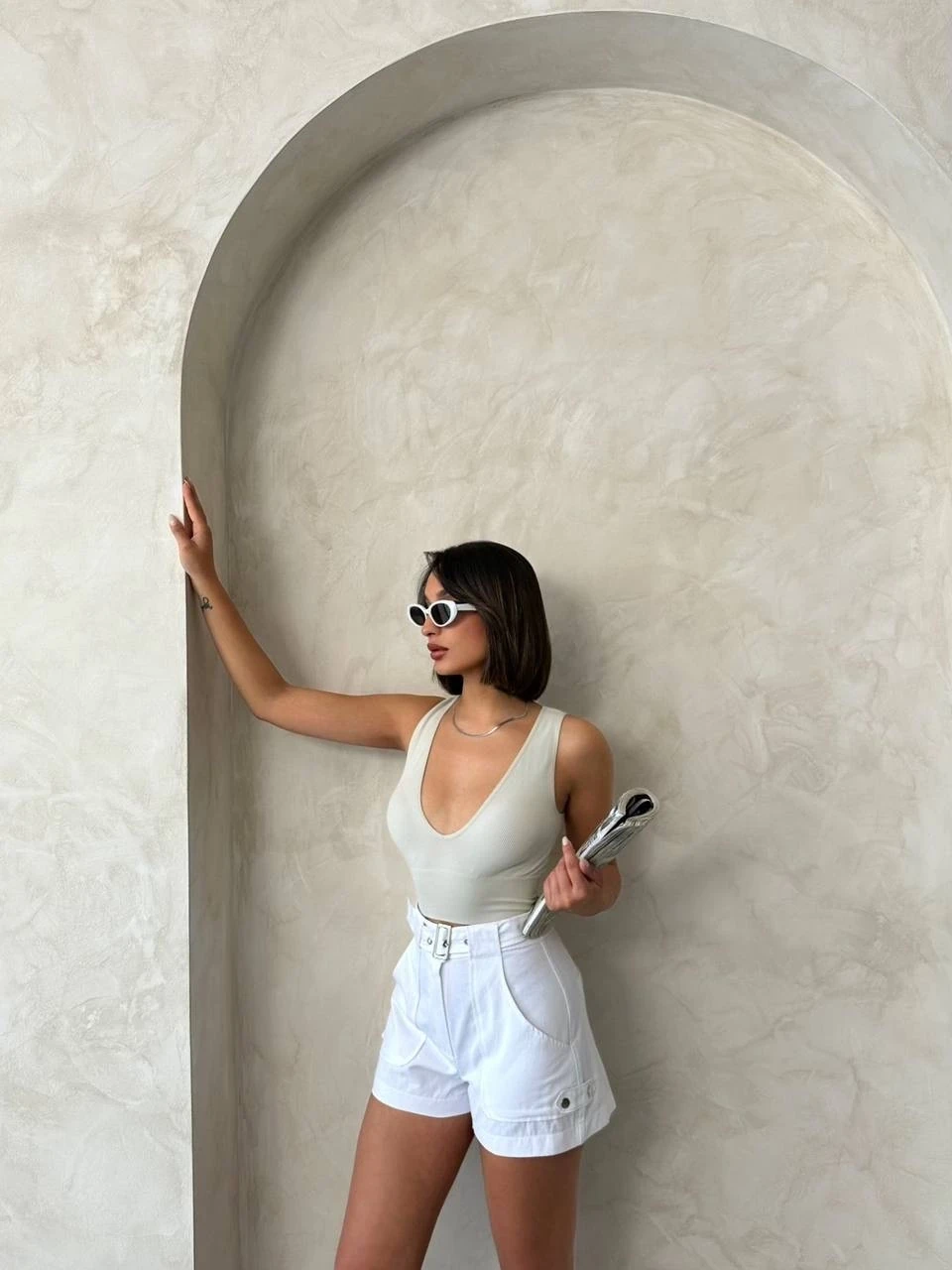 Kemer detaylı gabardin şort beyaz s25289