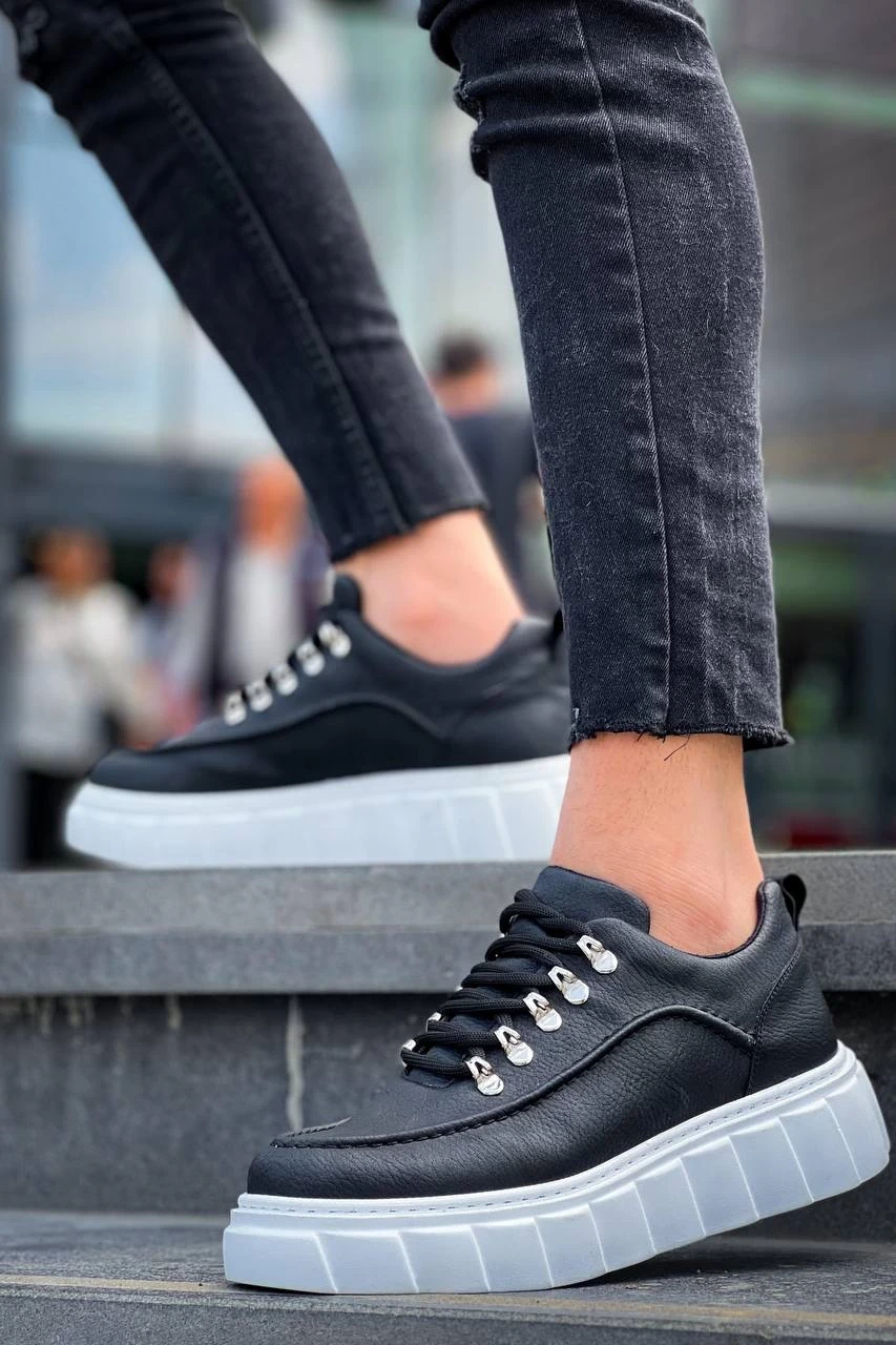 KB-X10 Kuback Siyah Cilt  Beyaz Yüksek Taban Günlük Spor Ayakkabı