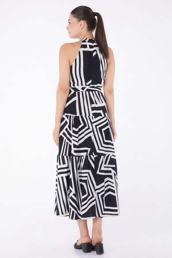 Düz Hakim Yaka Kadın Beyaz Desenli Reglan Kol Elbise