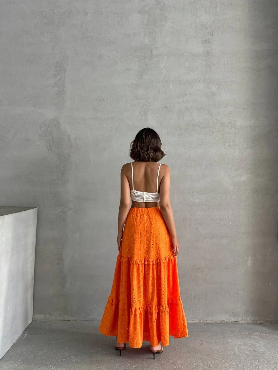 Fırfırlı brodeli astarlı uzun etek turuncu s255047