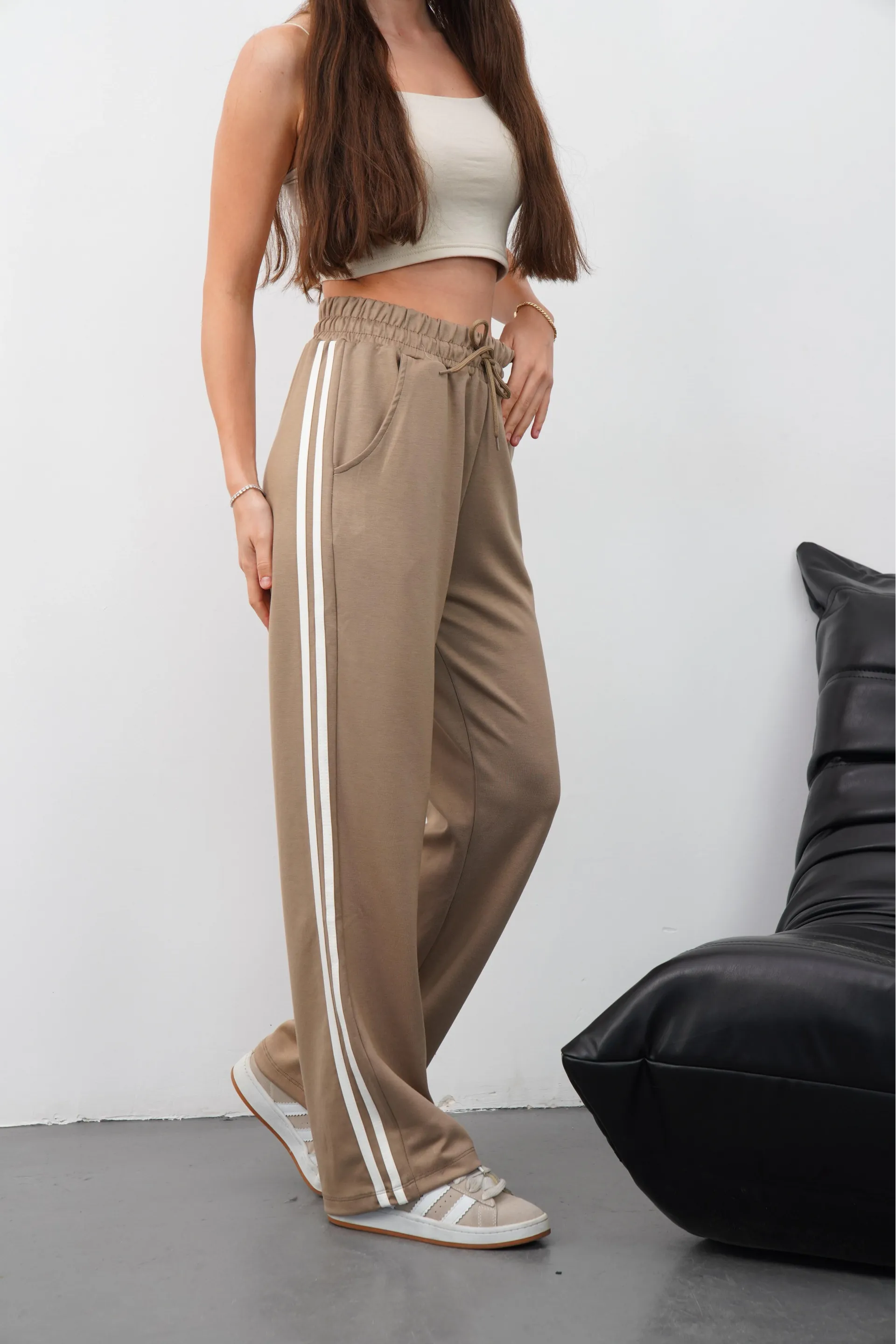 Yandan çift şeritli oys pantolon vizon