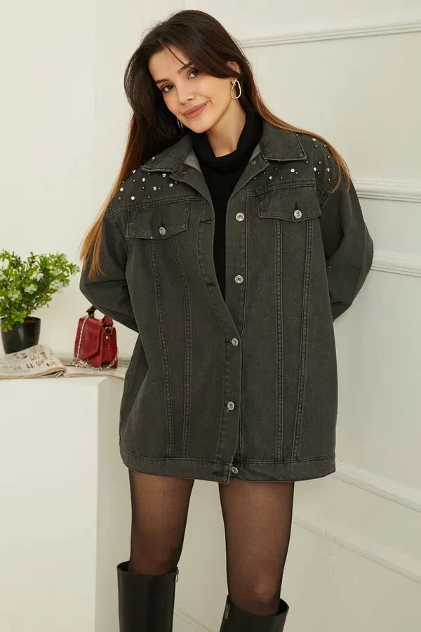 Taşlı Kot Ceket Antrasit