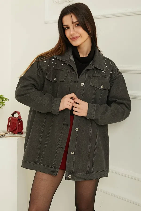 Taşlı Kot Ceket Antrasit