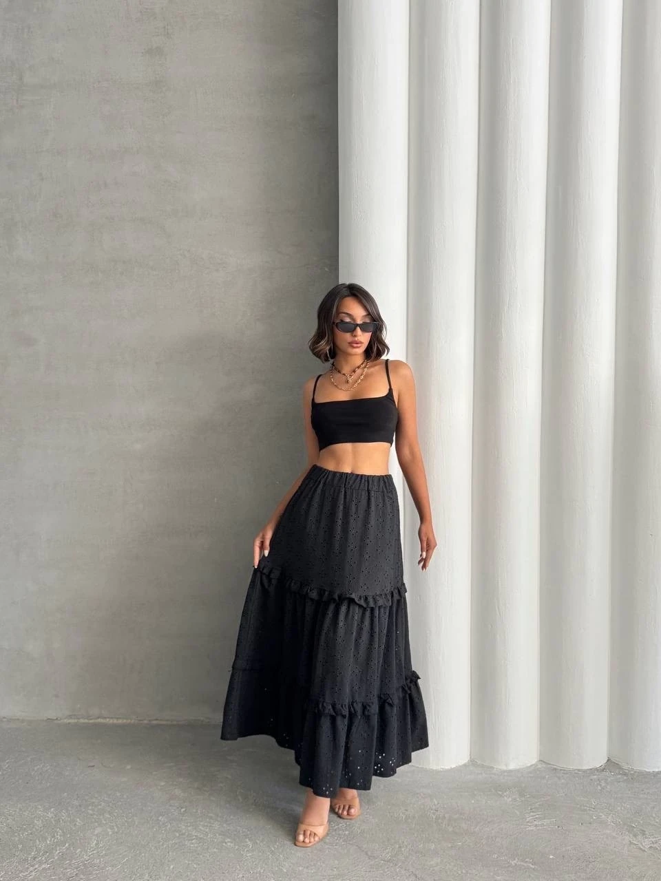 Fırfırlı brodeli astarlı uzun etek siyah s255047