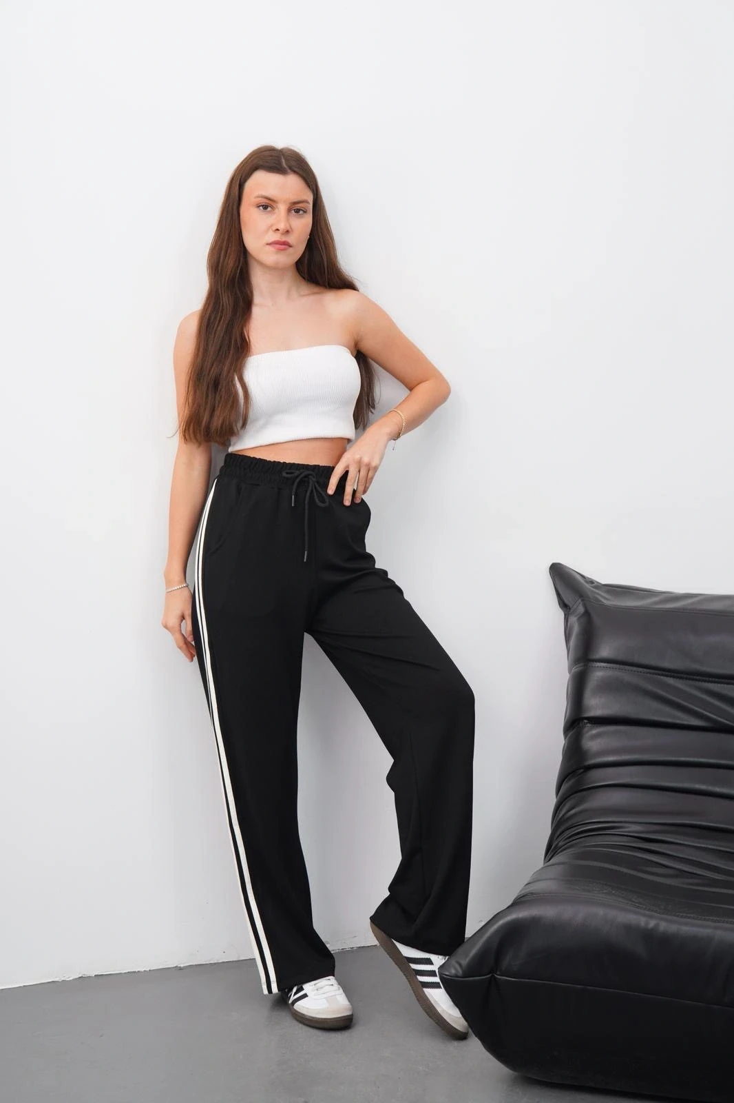 Yandan çift şeritli oys pantolon siyah