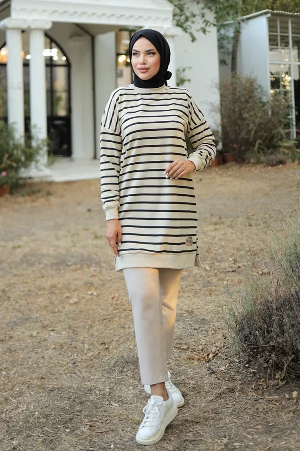 Düz Orta Kadın Siyah Çizgili Armalı Tunik