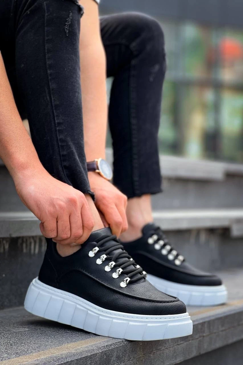 KB-X10 Kuback Siyah Cilt  Beyaz Yüksek Taban Günlük Spor Ayakkabı