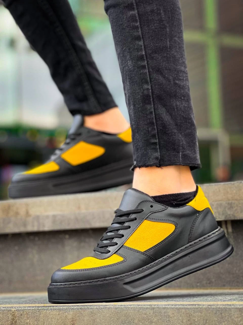 KB-X8 Kuback Siyah Sarı Cilt Yüksek Taban Günlük Spor Ayakkabı